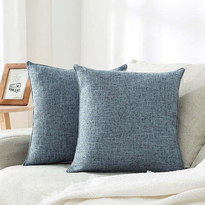 HPUK Linen Throw Pillow Covers Pack of 2, 20x20 Inch Accent Cushion Covers for Living Room, Bedroom, Decorative Solid Color Pillow Covers for Couch, Sofa, Chair, Blue