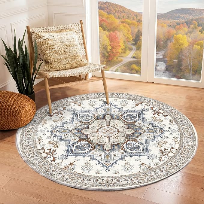 OPPODREAM Soft Round Rug 3ft, Neutral Washable Circle Rug 3ft with Non Slip Backing Play Room, Low-Pile Carpet 3 ft, Small Faux Cashmere Throw Carpet, Cream White & Blue & Light Brown