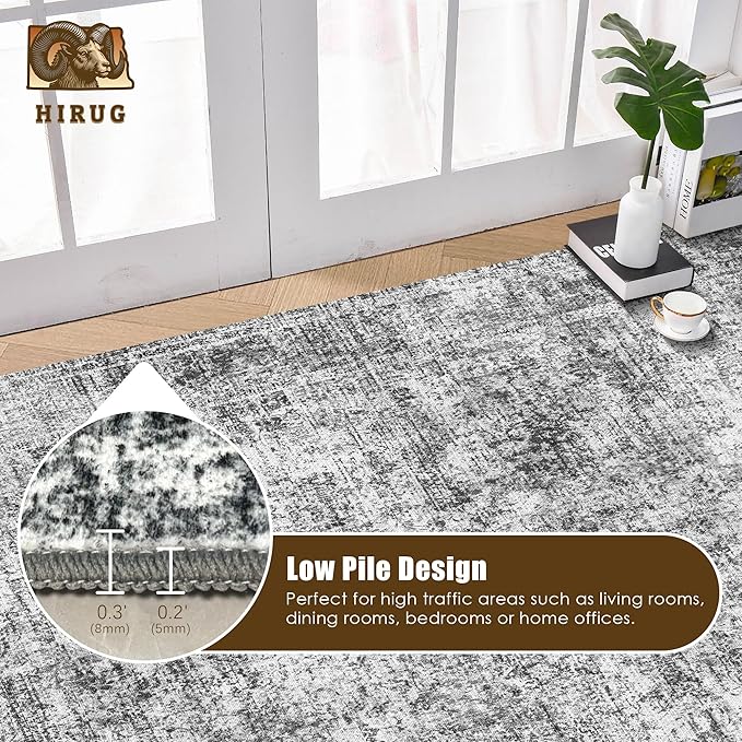 Washable Area Rug 9' x 12' Vintage Traditional Persian Mat - Foldable Distressed Non-Slip Machine Washable Carpet for Living Room Bedroom Kitchen Home Decor - Graphite and Mist