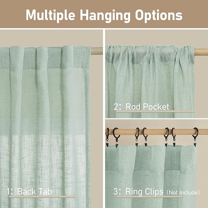 LAMIT Semi Sheer Linen Curtains 54 Inch Length 2 Panels, Light Sage Light Filtering Panels Back Tab and Rod Pocket Neutral Drapes for Kitchen/Window/Dining Room, 52 x 54 Inch
