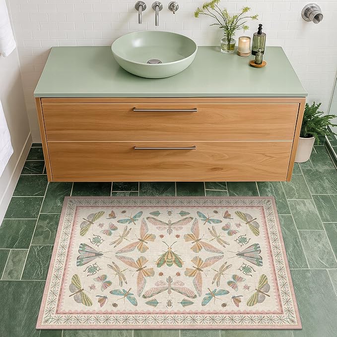 Hazo Haus Light Pink Bathroom Rug - Washable 2x3 Small Kitchen Rugs for Powder Room, Front Door Indoor Entrance, Low Pile Stain Resistant, Colorful Pastel Aethestic