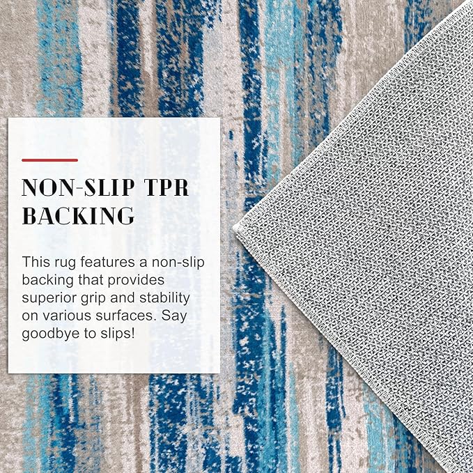 Lansny Modern Abstract 8x10 Large Machine Washable Living Room Rug Non-Slip Soft Bedroom Area Rug Blue Ultra Thin Print Faux Wool Carpet Throw Rugs for Nursery Playroom Dining Room Indoor Office