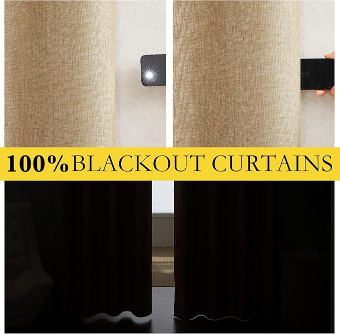 NICETOWN 100% Absolutely Blackout Linen Curtains with Thermal Insulated White Liner, Camel, W42 x L90, 2 Panels, Long Curtains 90 inch Length for Patio Door, Doorway, Office, Overnight Shiftworker
