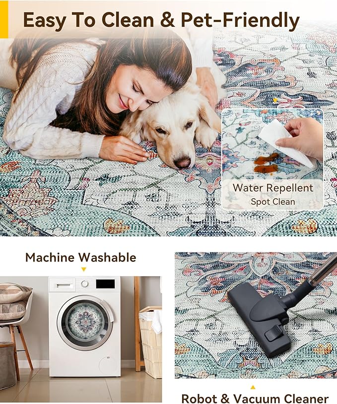 Area Rugs 8ft Washable Non-Slip, Floral Vintage Distress Print Pattern Medallion Carpet for Living Room Bedroom Dining Room, Green Navy Blue White Red Teal Colorful