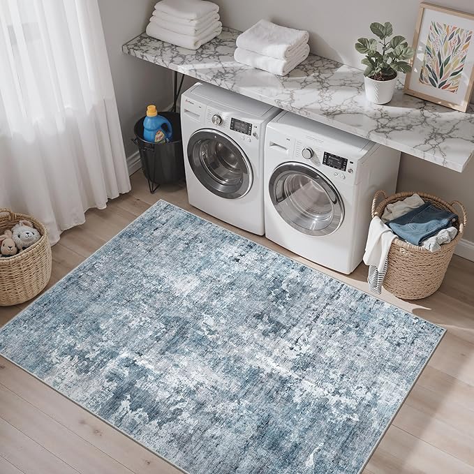 Soalmost Area Rugs 4x6 for Living Room, Vintage Abstract Washable Rugs for Dining Room, Kitchen, Non-Slip Area Rug Blue