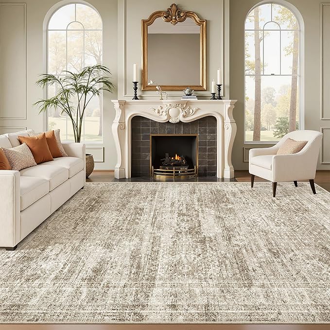 9x12 Area Rugs for Living Room, Non Slip Machine Washable Vintage Rugs, Low Pile Lightweight Large Rug for Bedroom, Dining Room, Home Office Brown