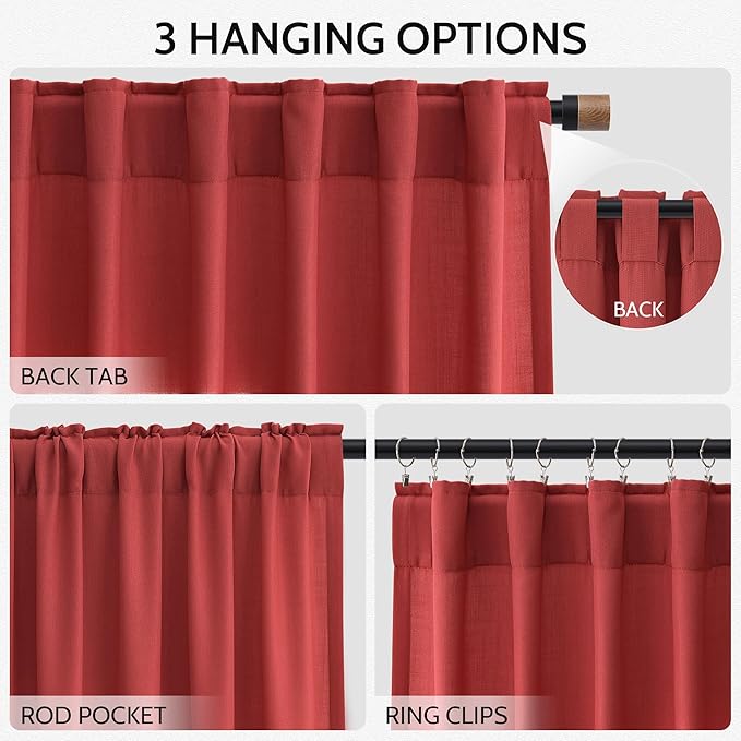 Christmas Red Linen Curtains 63 Inch Length for Living Room Light Filtering Semi Sheer Curtain Back Tab and Rod Pocket Vintage Rustic Luxury Home Decor Neutral Drapes for Bedroom 52x63, 2 Panels