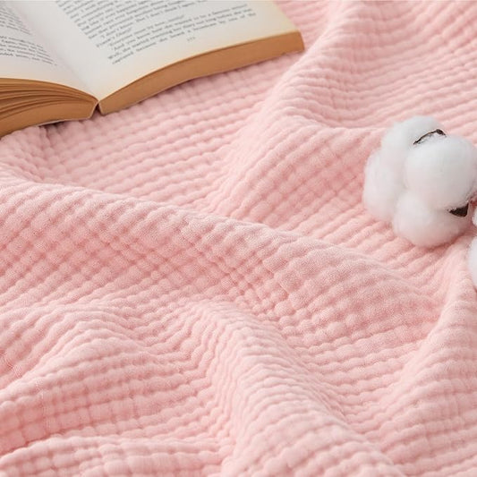 Bedsure 100% Cotton Muslin Blanket Queen Size for Bed - 4-Layer Breathable and Lightweight Thin Soft Summer Gauze Muslin Blankets for Adults, Pink, 90x90 Inches