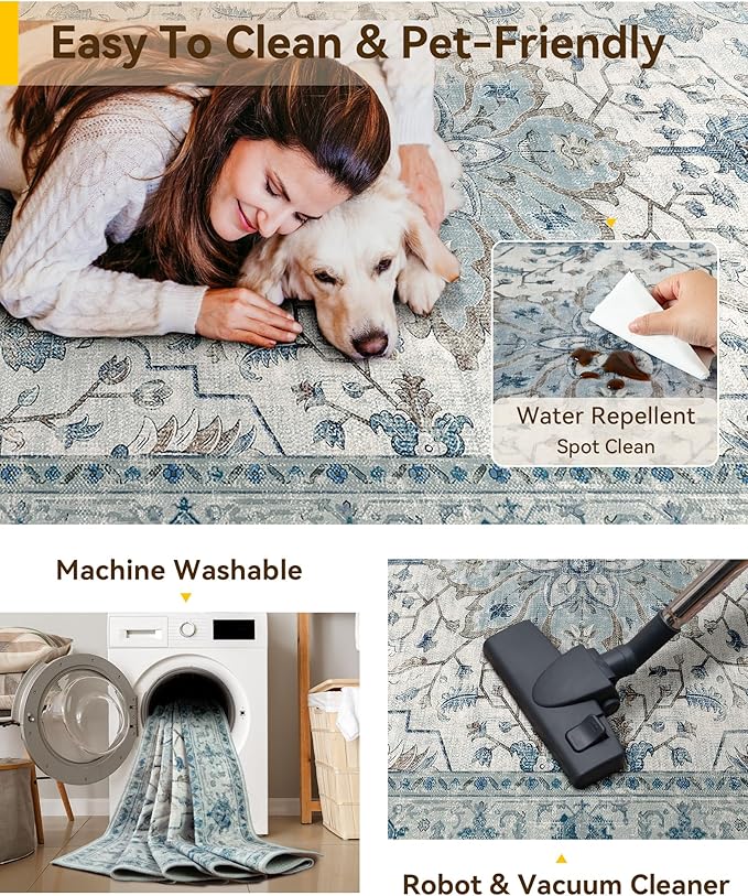 Area Rugs 3'x5' Washable Non-Slip, Floral Vintage Distress Print Pattern Medallion Carpet for Living Room Bedroom Dining Room, Light Blue Navy Beige Gray White
