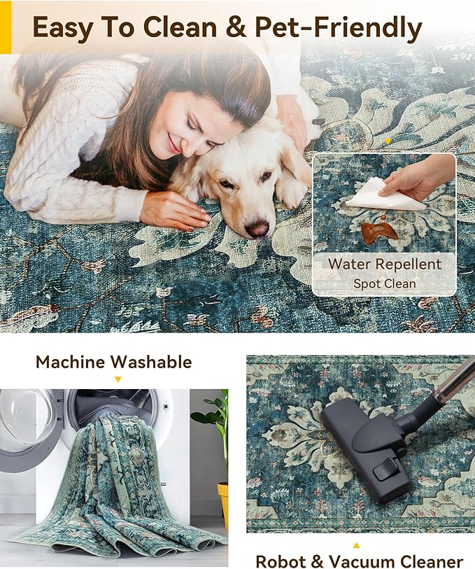 RELEANY Area Rugs 3'x12' Runner Rug Non Slip Washable for Kitchen Hallway Bedroom Beside Laundry Room Bathroom Rug, Floor Carpet, Dark Blue Vintage