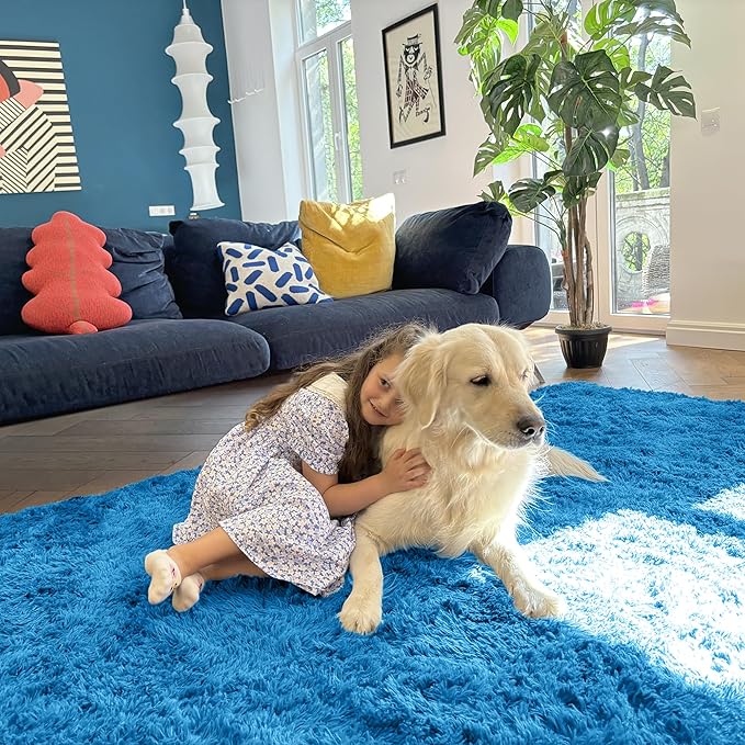 OLANLY 2x4 Machine Washable Runner Rugs for Hallway, Soft Fluffy Shaggy Bedside Rugs for Bedroom, Living Room, Indoor Floor Carpet for Kids Girls and Boys, Home Decor Aesthetic, Bright Blue