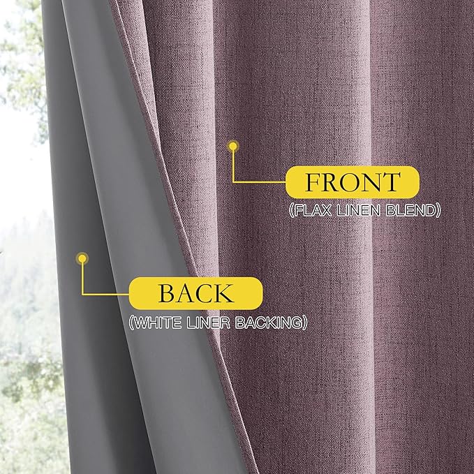 NICETOWN Chaise Mauve Vintage Linen 100% Blackout Curtains for Living Room, Thermal Insulated Curtains 90" Long, Noise Reducing Window Treatment Drapes for Home Cinema, 52" Wide Per Panel, Set of 2