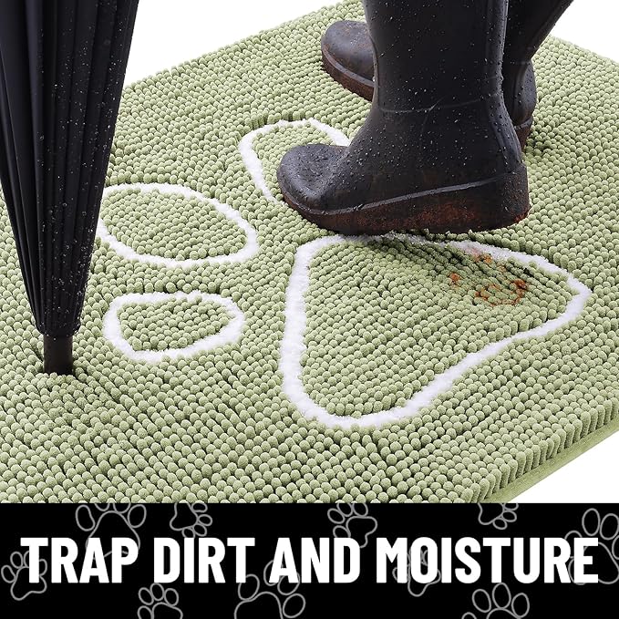 Smiry Dog Door Mat for Muddy Paws, Absorbent Dirt Trapper Non Slip Quick Dry Washable Chenille Mat for Mud Dogs, Entry Rug for Indoor and Outdoor (47x24 Inches, Sage Green and White)