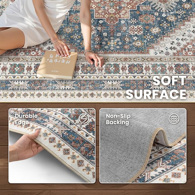 zesthome 5x7 Area Rugs - Ultra-Thin Washble Rug, Stain Resistant Anti Slip Backing Rugs for Living Room,Bedroom, Vintage Home Decor Area Rug (Navy Blue/Red,5'x7')