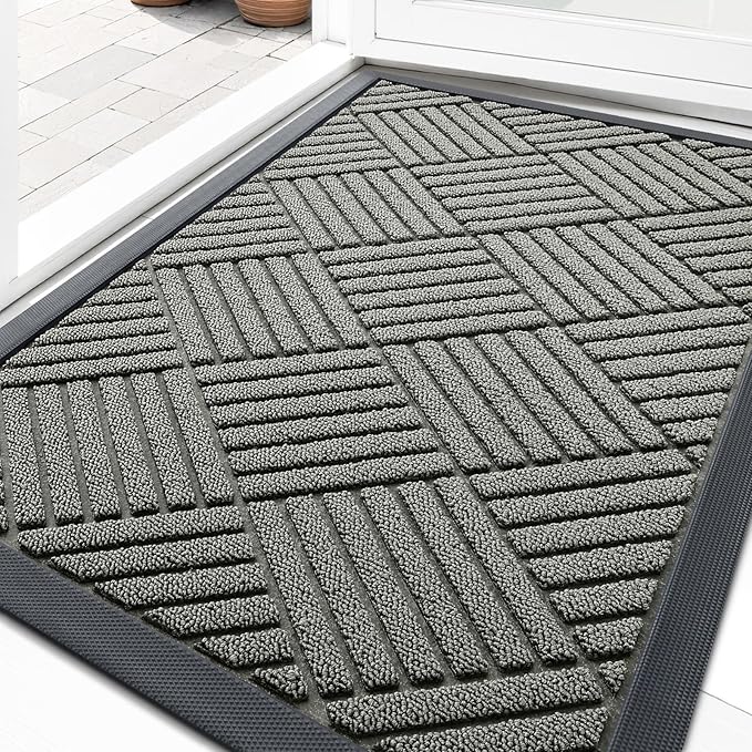 OLANLY Front Door Mat Outside Entrance 35x23, Absorbent, Heavy Duty Sturdy Natural Rubber Doormat Indoor Outdoor, Stain Fade Resistant, Non-Slip Low Profile Floor Mat for Entryway, Modern Gray Diamond