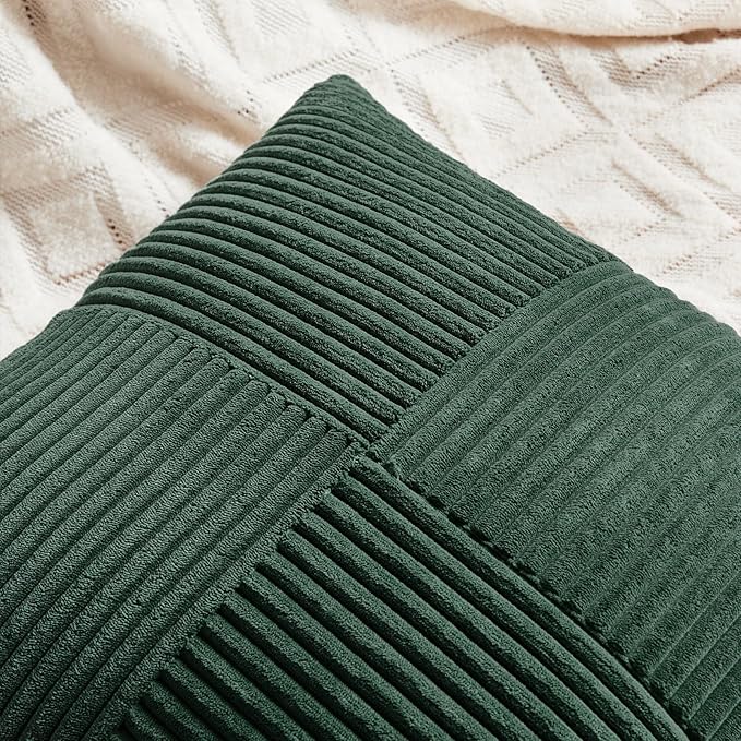 Fancy Homi Set of 2 Dark Green Lumbar Decorative Throw Pillow Covers 16x28 Inch for Living Room Couch Bed, Boho Farmhouse Forest Green Home Decor, Soft Corduroy Corss Patchwork Cushion Case