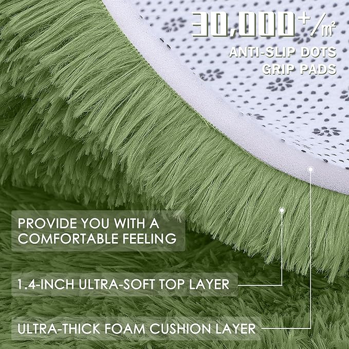 OLANLY 2x6 Machine Washable Runner Rugs for Hallway, Soft Fluffy Shaggy Bedside Rugs for Bedroom, Living Room, Indoor Floor Carpet for Kids Girls and Boys, Home Decor Aesthetic, Green