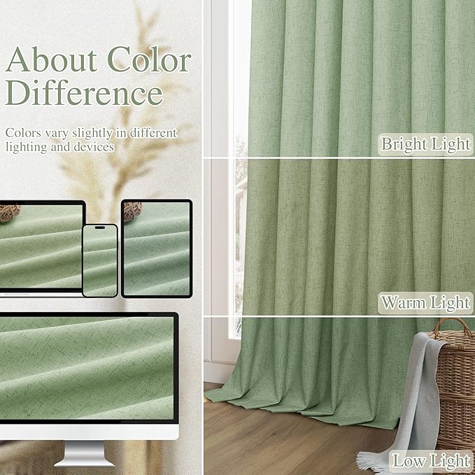 Guken 100% Blackout Linen Curtains 84 Inch Length 2 Panels Set for Living Room Bedroom Back Tab Thermal Insulated Black Out Linen Drapes Room Darkening Window Curtains 84 Inches Long,Light Sage