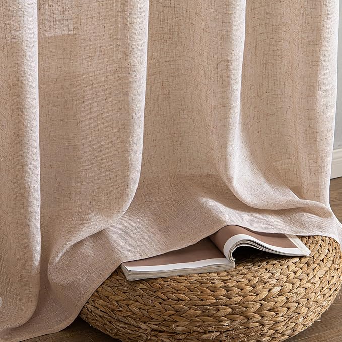 MIULEE Natural Beige Linen Curtains 108 Inches Long 2 Panels for Bedroom Living Room, Soft Linen Textured Window Drapes Semi Sheer Light Filtering Back Tab Rod Pocket Farmhouse Burlap Look Decor