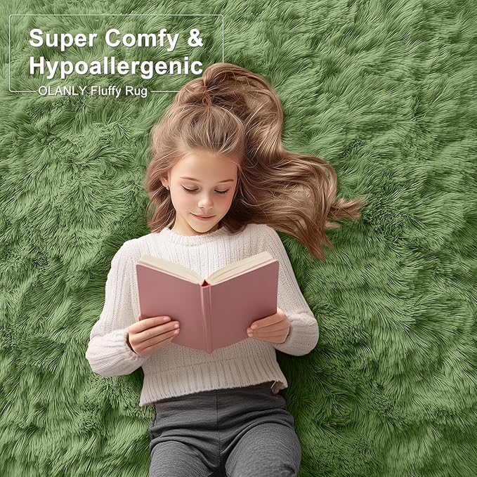 OLANLY 5x7 Machine Washable Large Area Rugs for Living Room, Bedroom, Soft Fluffy Shaggy Bedside Rug, Indoor Floor Carpet for Kids Girls and Boys, Dorms, Nursery, Home Decor Aesthetic, Green