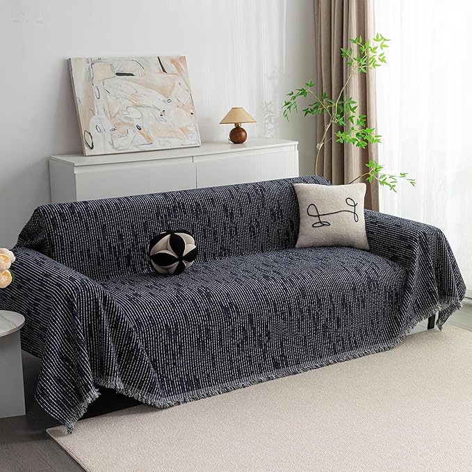 MYSKY HOME Couch Covers for 2 Cushion Couch Sectional Sofa, L Shape Sofa Protector Navy Chenille Couch Cover, Sofa Covers Washable Blanket with Tassel Pet Couch Cushion Cover, 71"X102"