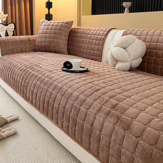 Velvet Couch Cover, Plush Sectional Sofa Cover Washable, Anti Slip Sofa Slipcover for 3-4 Cushions Sofas, Furniture Protector Covers for Pets & Kids(1PC, Dark Brown, 35.4"×82.6", 3-4 Seater)
