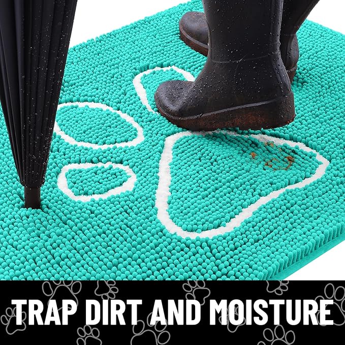 Smiry Dog Door Mat for Muddy Paws, Absorbent Dirt Trapper Non Slip Quick Dry Washable Chenille Mat for Mud Dogs, Entry Rug for Indoor and Outdoor (59x35 Inches, Turquoise and White)