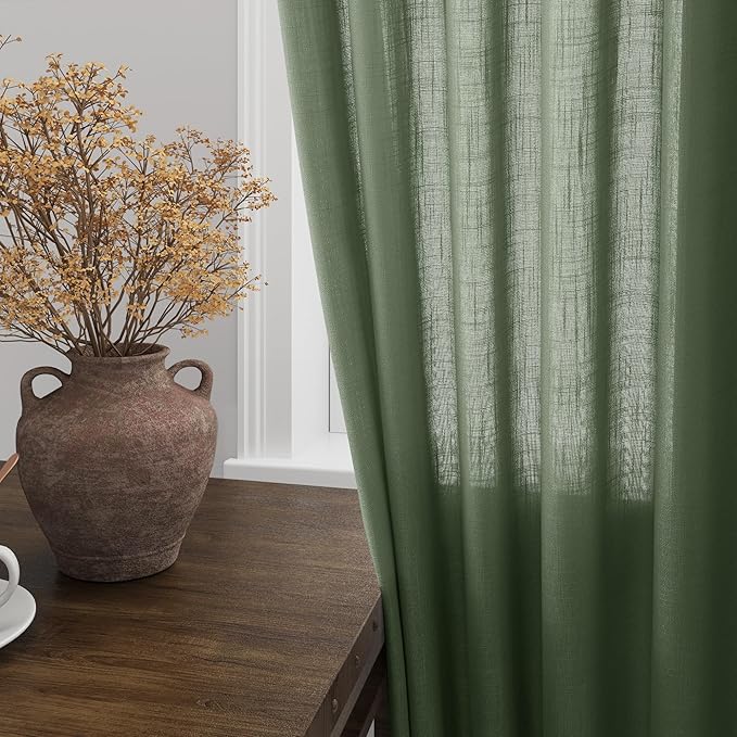Extra Long Curtains 2 Panels 102 Inches Long for Living Room Olive Green Back Tab Rod Pocket Light Filtering Semi Sheer Drapes Cotton Linen Textured Window Curtain 102 Inch Length for Bedroom 9 FT