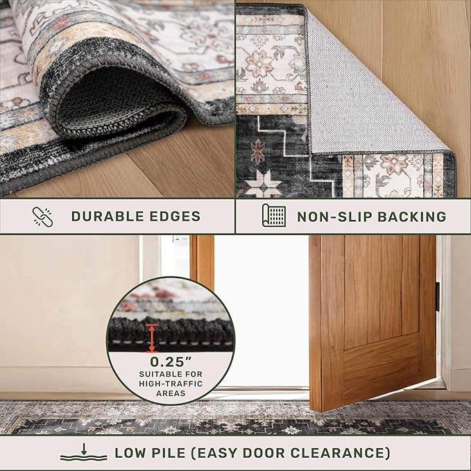 Hazo Haus Black Boho Washable 3x20 Extra Long Runner Rug for Hallway, Waterproof Large Kitchen Floor Rug, Non-Slip Stain & Fade Resistant, Vintage Floral Decor