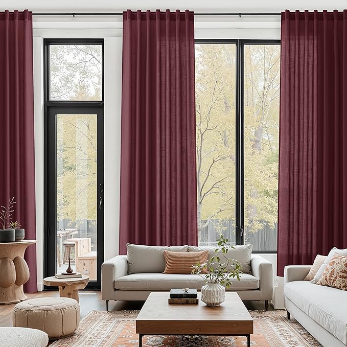 Nanspring Burgundy Linen Curtains 80 Inch Length for Living Room Light Filtering Semi Sheer Curtain Back Tab Vintage Boho Decor Elegant Luxury Drapes for Bedroom Dinner Room 52x80, 2 Panels