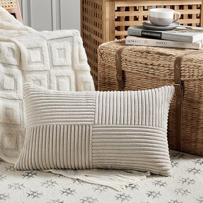 Fancy Homi 2 Packs Neutral Taupe Lumbar Decorative Throw Pillow Covers 14x22 Inch for Living Room Couch Bed Sofa, Farmhouse Home Decor, Soft Striped Corduroy Rectangle Accent Cushion Case 35x55 cm