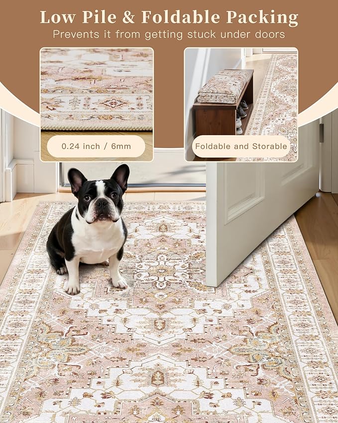 Madane Runner Rug 2'6''x8' Kitchen Runner, Hallway Runner Printed Vintage Washable Rugs Soft Non-Slip Low Pile Runners for Hallways Laundry Room Rug Distressed Rug, Pink