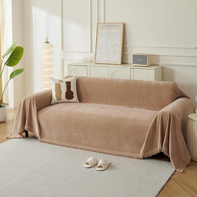 Couch Cover for Dogs, Boho Sofa Covers for 3 Cushion Couch, Chenille Sofa Slipcover for Pets Washable, L-Shape Sectional Couch Cover Soft Throw Blankets with Tassels(91x118,Khaki)