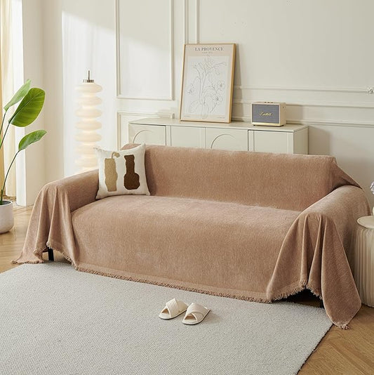 Couch Cover for Dogs, Boho Sofa Covers for 3 Cushion Couch, Chenille Sofa Slipcover for Pets Washable, L-Shape Sectional Couch Loveseat Cover Soft Throw Blankets with Tassels(71x134,Khaki)