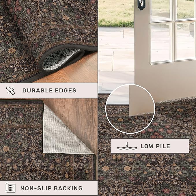 Washable Area Rugs 9x12 Living Room - Dark Brown Large Rug for Dining Room Under Table, Bedroom, Soft Low Pile Non-Slip Stain Resistant Carpet - Vintage Floral Plant Design