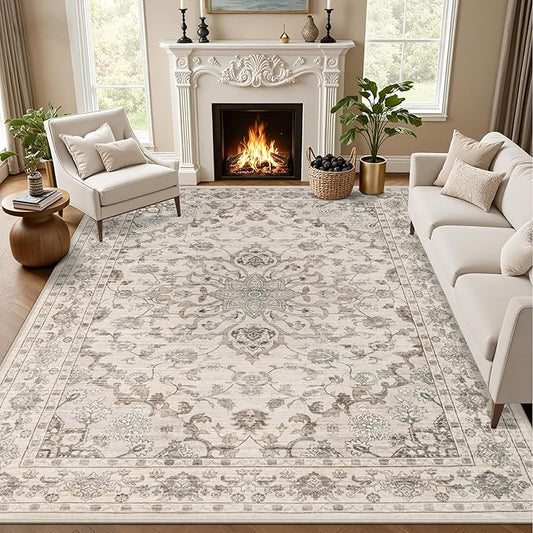 Area Rugs 10x12 Living Room Rug: Washable Rug Soft Vintage Distressed Floral Carpet Indoor Non-Slip Stain Resistant Large Carpets for Bedroom Dining Room Farmhouse Nursery Home Office Brown Beige
