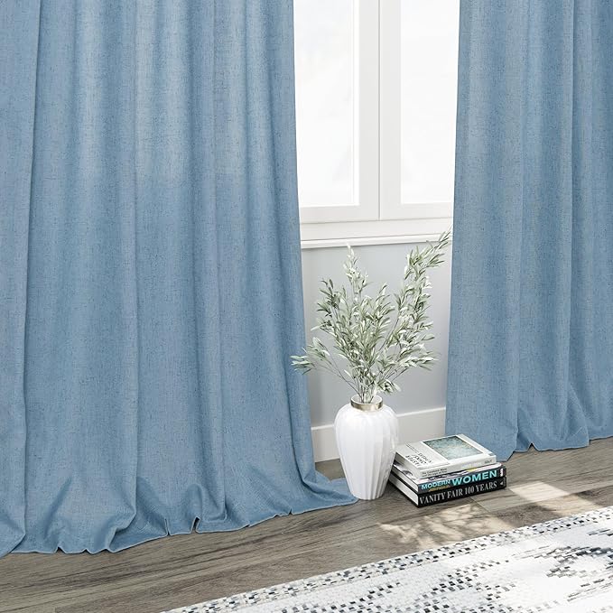 Nanspring Blue Curtains 132 Inches Long 2 Panels for Living Room Back Tab Rod Pocket Semi Sheer Linen Drapes Neutral Room Decor Blue Curtain Ceiling to Floor Length for Dining Room 52x132