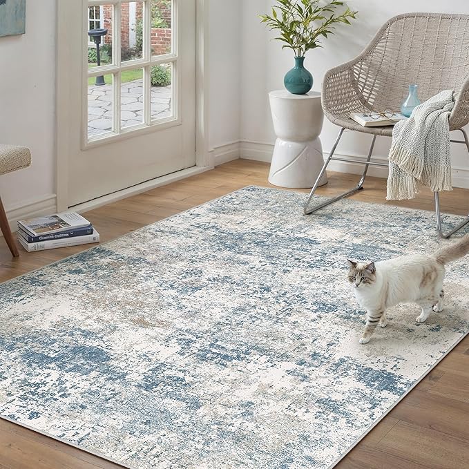 Blue 3x5 Area Rug Washable Abstract Office Carpet Modern Neutral Non Slip Indoor Entry Soft Low Pile Contemporary Aesthetic Door Mat Bedroom Throw Rug for Kitchen Laundry Dining Room