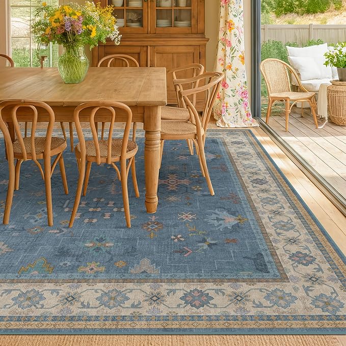 Hazo Haus Boho 9x12 Soft Rugs for Living Room - Dark Blue Rugs for Bedroom Aesthetic, Dining Room Under Kitchen Table, Washable Soft Non Slip Large Area Eclectic Unique Décor