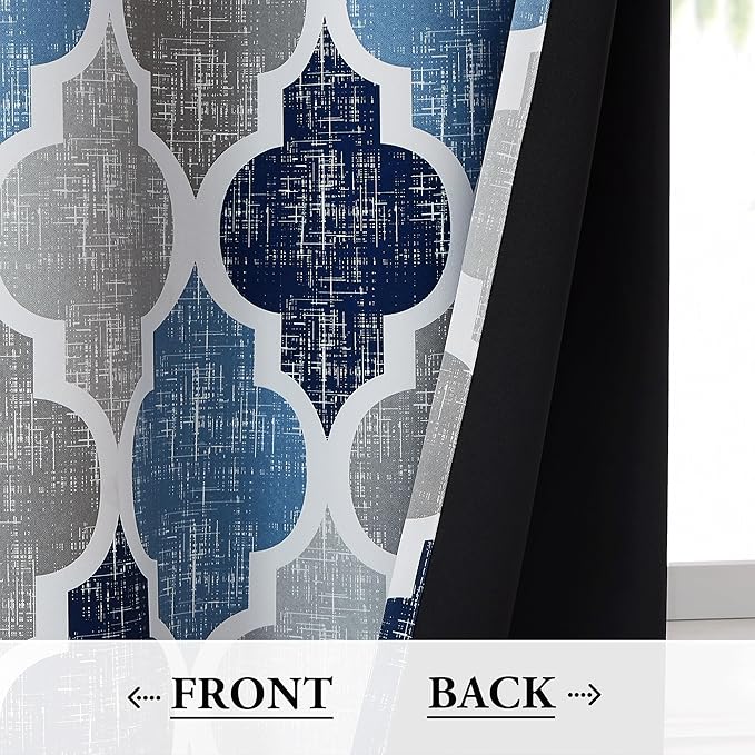 Beauoop 100% Blackout Curtains 84 Inches Long 2 Panels for Bedroom Living Room Blue Grey Moroccan Geo Room Darkening Thermal Insulated Soundproof Grommet Top Window Treatments Drapes, 50x84 Set of 2