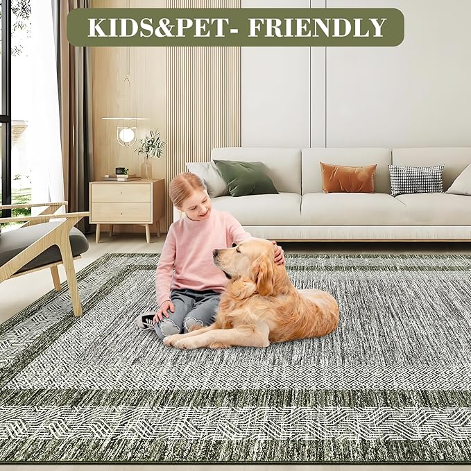 GarveeHome 10x13 Large Washable Geometric Area Rug Non Slip Non Shedding Floor Carpet, Modern Bordered Distressed Green Indoor Printed Rug for Living Room, Bedroom, Office