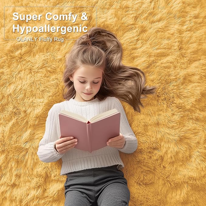 OLANLY 5x7 Machine Washable Large Area Rugs for Living Room, Bedroom, Soft Fluffy Shaggy Bedside Rug, Indoor Floor Carpet for Kids Girls and Boys, Dorms, Nursery, Home Decor Aesthetic, Mustard Yellow