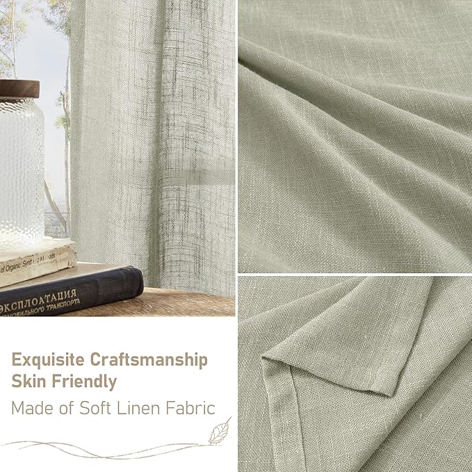LAMIT Sage Grey Linen Boho Curtains 68 inch Length 2 Panels, Light Filtering Semi Sheer Panels Back Tab and Rod Pocket Neutral Drapes for Bedroom/Living Room, 52 x 68 Inch
