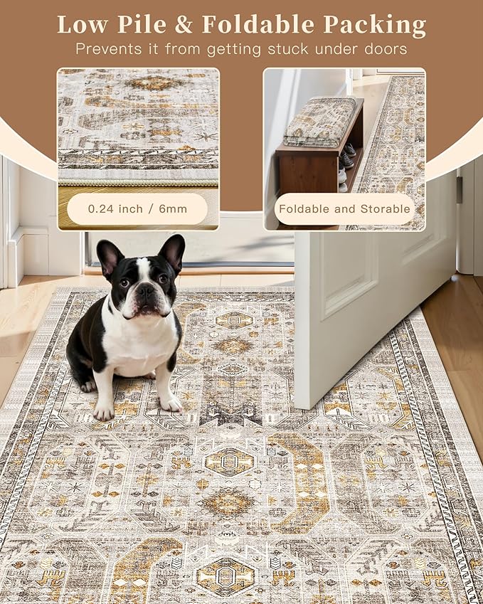 Madane 5x7 Area Rugs for Living Room, Stain Resistant Washable Rugs, Non-Slip Backing Area Rug, Vintage Home Decor Rug for Bedroom (Brown/Gold, 5'x7')