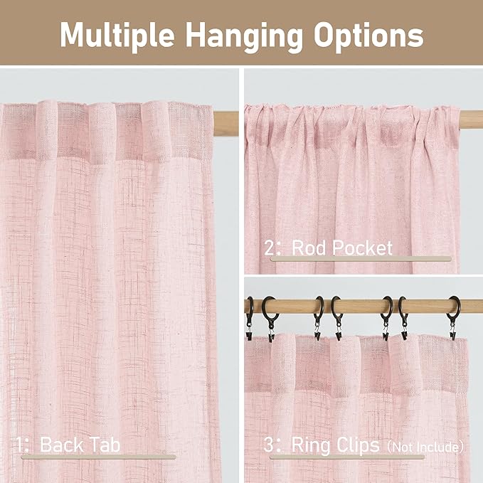 LAMIT Linen Curtains for Living Room 84 inch Length 2 Panels, Light Filtering Semi Sheer Drapes Back Tab and Rod Pocket Farmhouse Panels for Kids Bedroom/Girls Room, Pink, 52 x 84 Inch