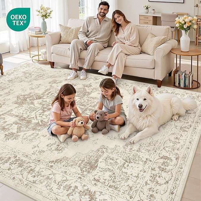 8x10 Area Rugs for Living Room: Vintage Boho Neutral Washable Rug Indoor Soft Large Area Rug Carpet for Bedroom Nursery Farmhouse Dining Room Office Floor Non-Slip Low Pile Under Table Rug Beige/Ivory