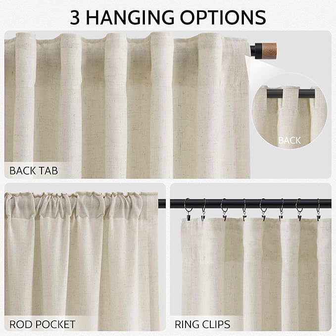 Nanspring Vanilla Linen Curtains for Living Room 108 Inches Long Modern Farmhouse Decor Light Filtering Semi Sheer Curtain Back Tab Luxury Floor to Ceiling High Window for Bedroom 52x108, 2 Panels