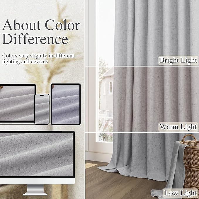 Guken Grey 100% Blackout Curtains 72 Inch Length 2 Panels Set for Living Room Bedroom Back Tab Thermal Insulated Black Out Linen Drapes Room Darkening Window Curtains 72 Inches Long