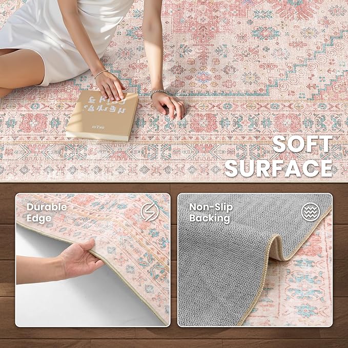 zesthome Pink Rug - 4x6 Area Rugs for Bedroom, Stain Resistant Washable Rugs for Nursery Room, Living Room, Home Decor, Girls Rug (Pink/Blue,4'x6')