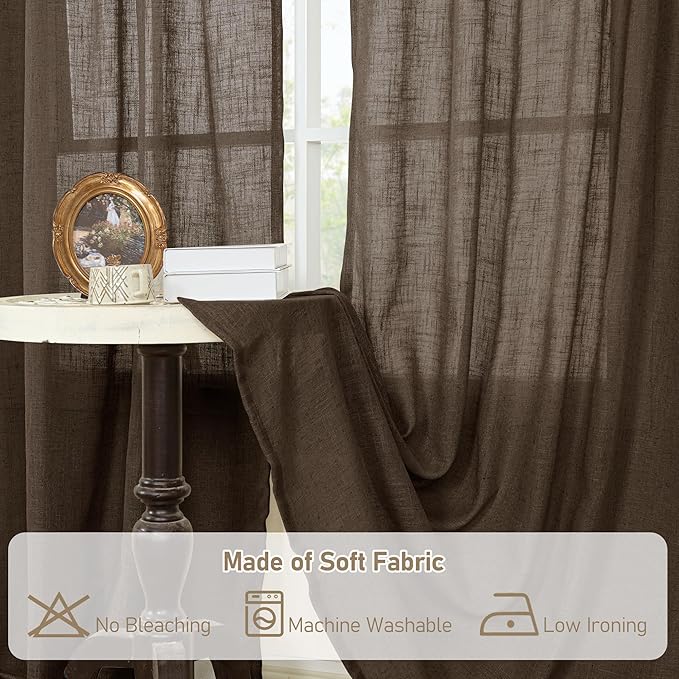 LAMIT Linen Curtains 48 Inch Length 2 Panels, Light Filtering Panels Back Tab and Rod Pocket Neutral Drapes for Kitchen/Window/Loft Room/Bedroom, 34 x 48 Inch, Dark Brown